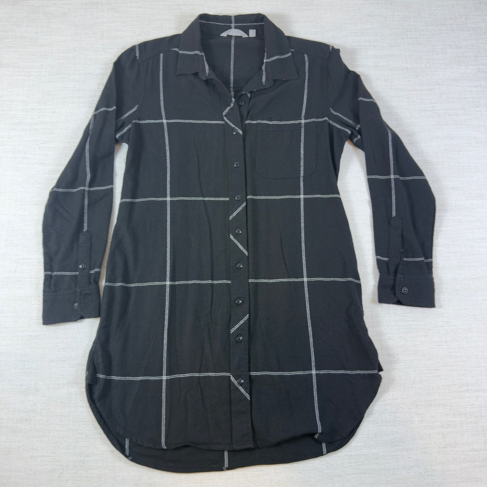 Athleta Womens Small Black Windowpane Grid Long Sleeve Button Down Tunic Top